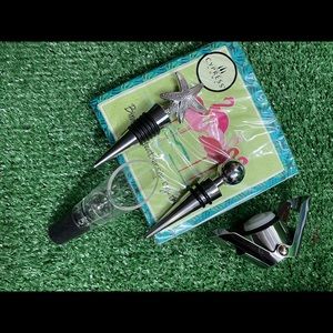 Wine Drinking Kit- 2 Silvertoned stoppers, Acrylic Pourer/filter, Champagne seal